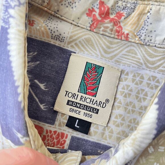 Tori Richard Hawaii Shirt L Cranes Koi Patch Print 100% Cotton Aloha - Picture 3 of 14